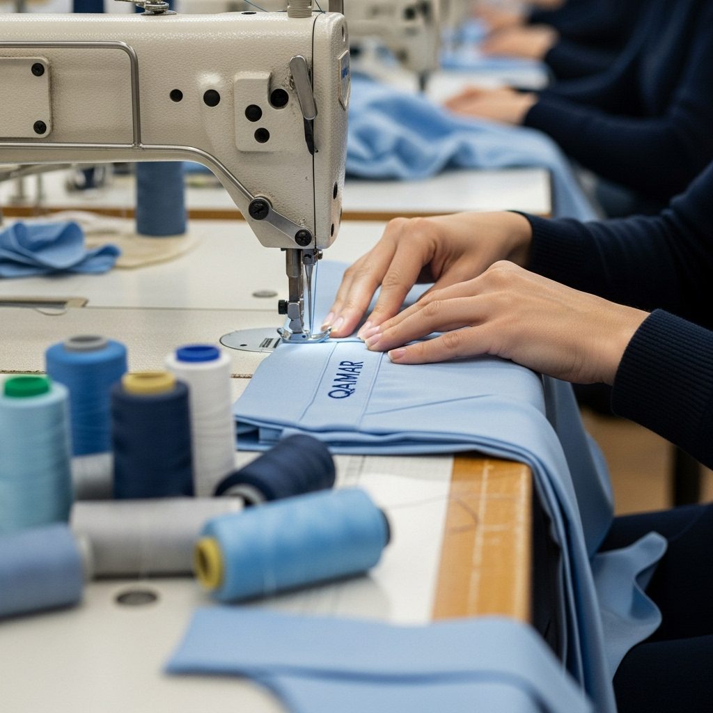 Operatore di macchina da cucire che assembla capi di abbigliamento sportivo nella linea di produzione di QAMAR Exports