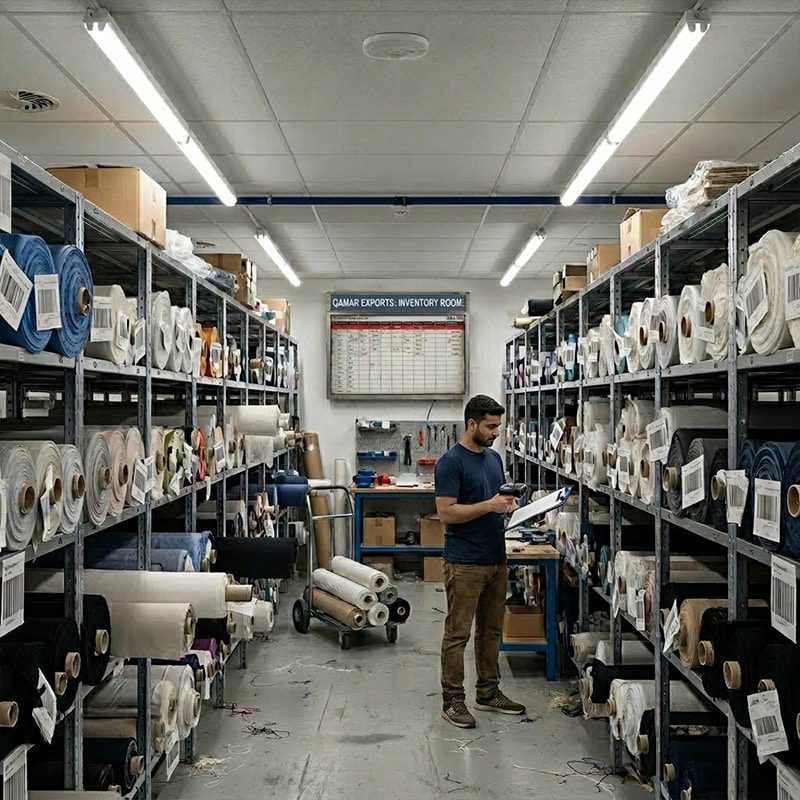 Lavoratore che scansiona rotoli di tessuto con codice a barre in un magazzino organizzato presso QAMAR Exports