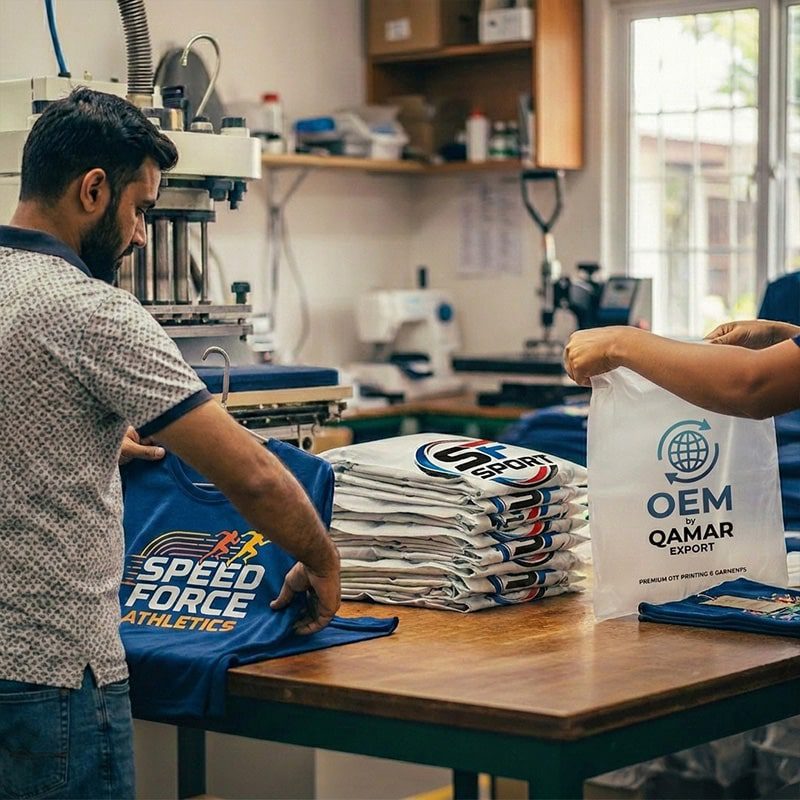 Gli indumenti vengono stirati, etichettati e imballati in cartoni per la spedizione presso QAMAR Exports.