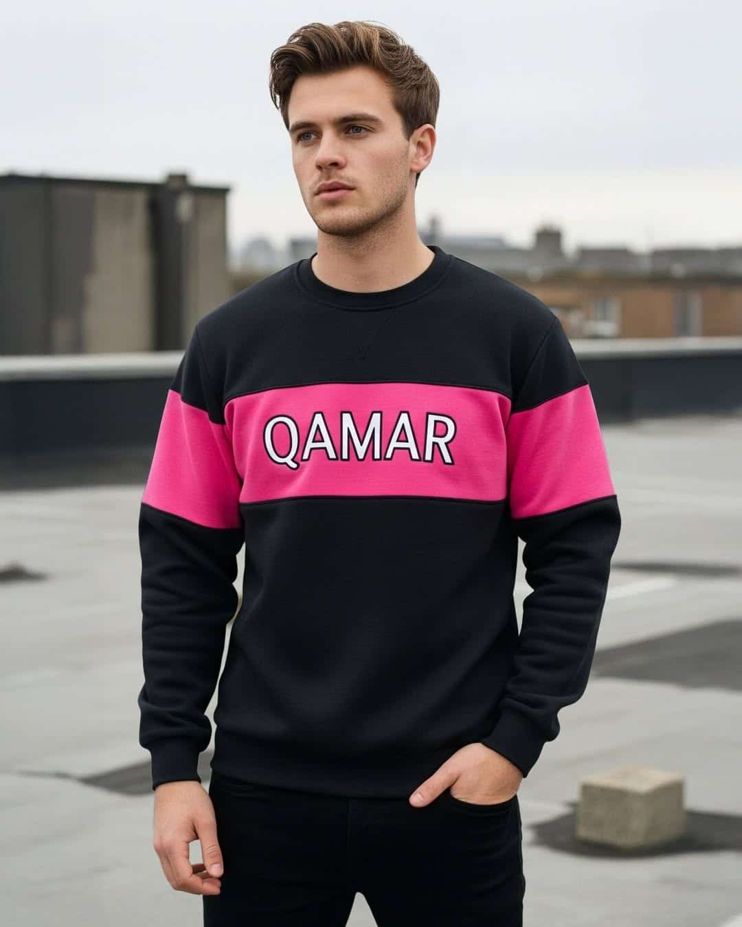 Camisola de malha de rua com bloco de cores preto e rosa quente para homem Fornecedor (2)