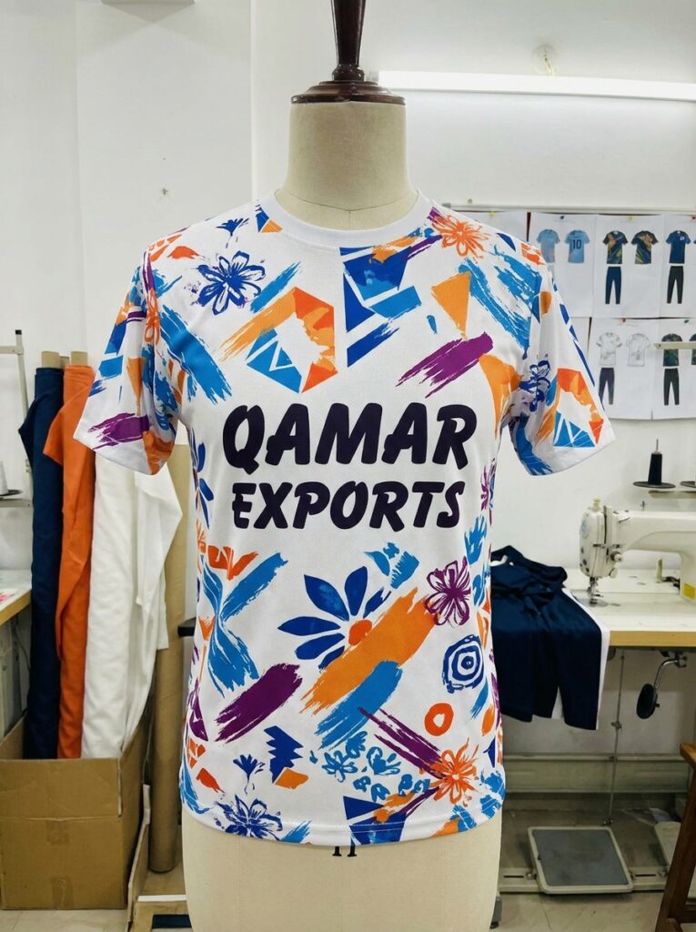 Custom all over print activewear t shirt demonstrating vibrant sublimation printing by Qamar Exports, Sublimation Printing Guide